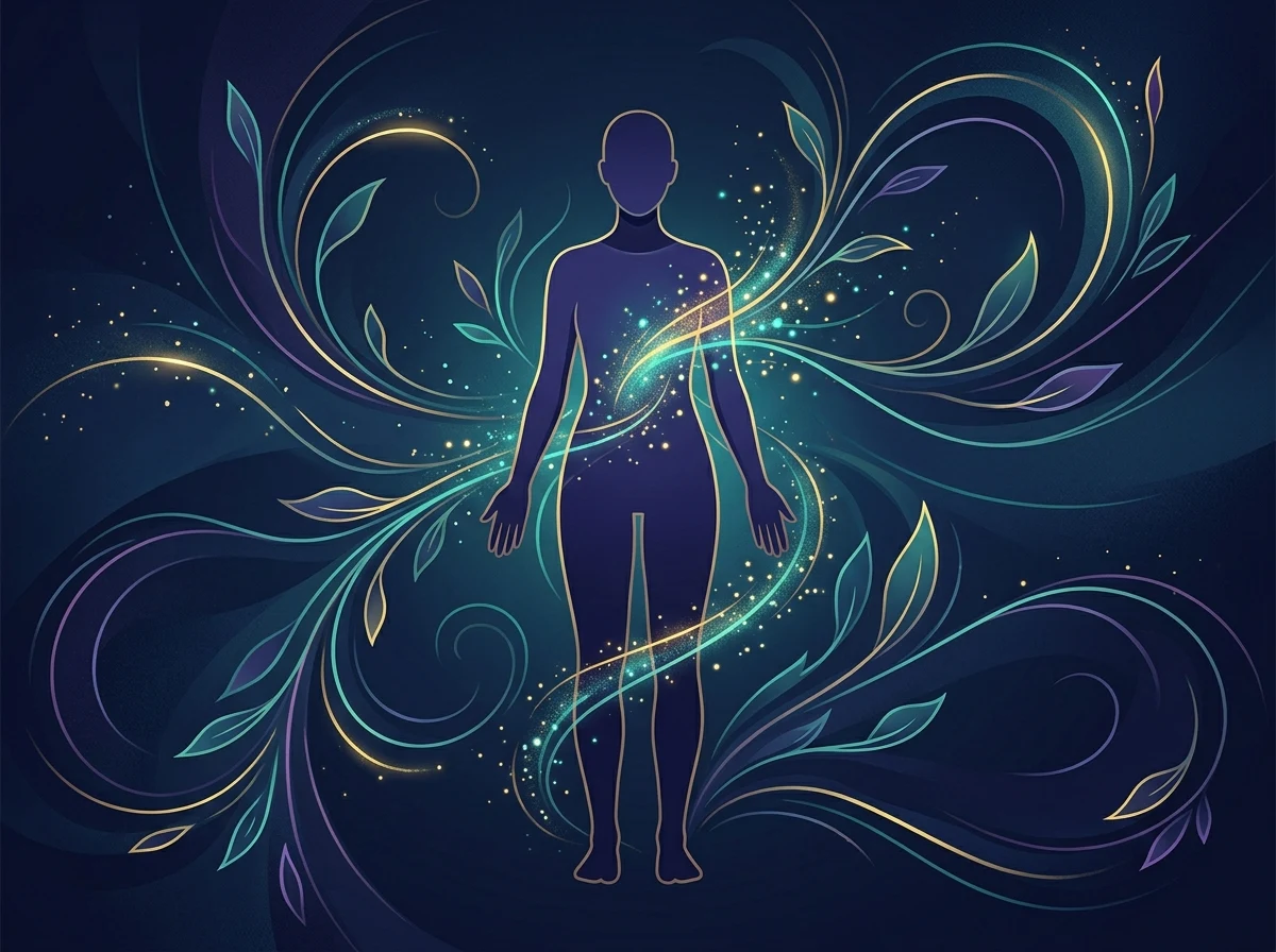 Gestileerde silhouet met botanische energie-swirls wellness concept