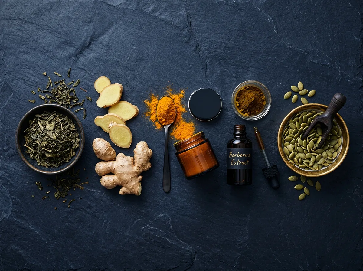 Botanische ingrediënten plat bovenaanzicht groene thee gember kurkuma pompoenpitten donkere lei