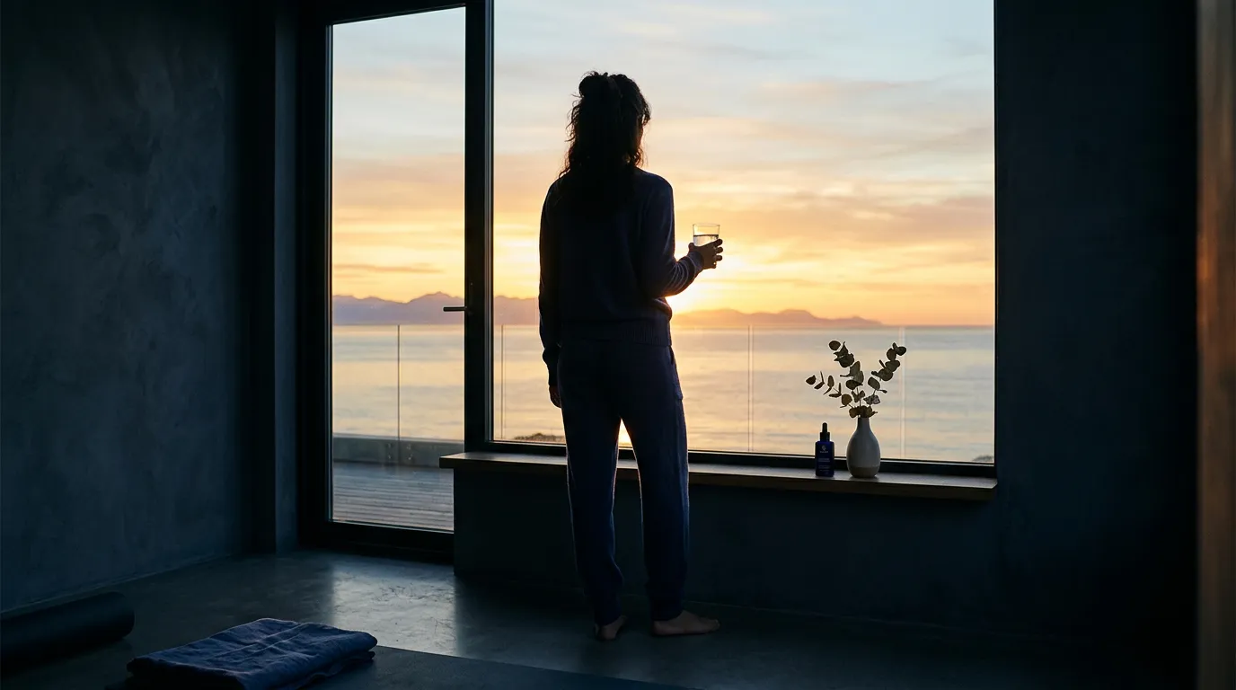 Anonieme persoon houdt glas water vast bij raam ochtend wellness routine